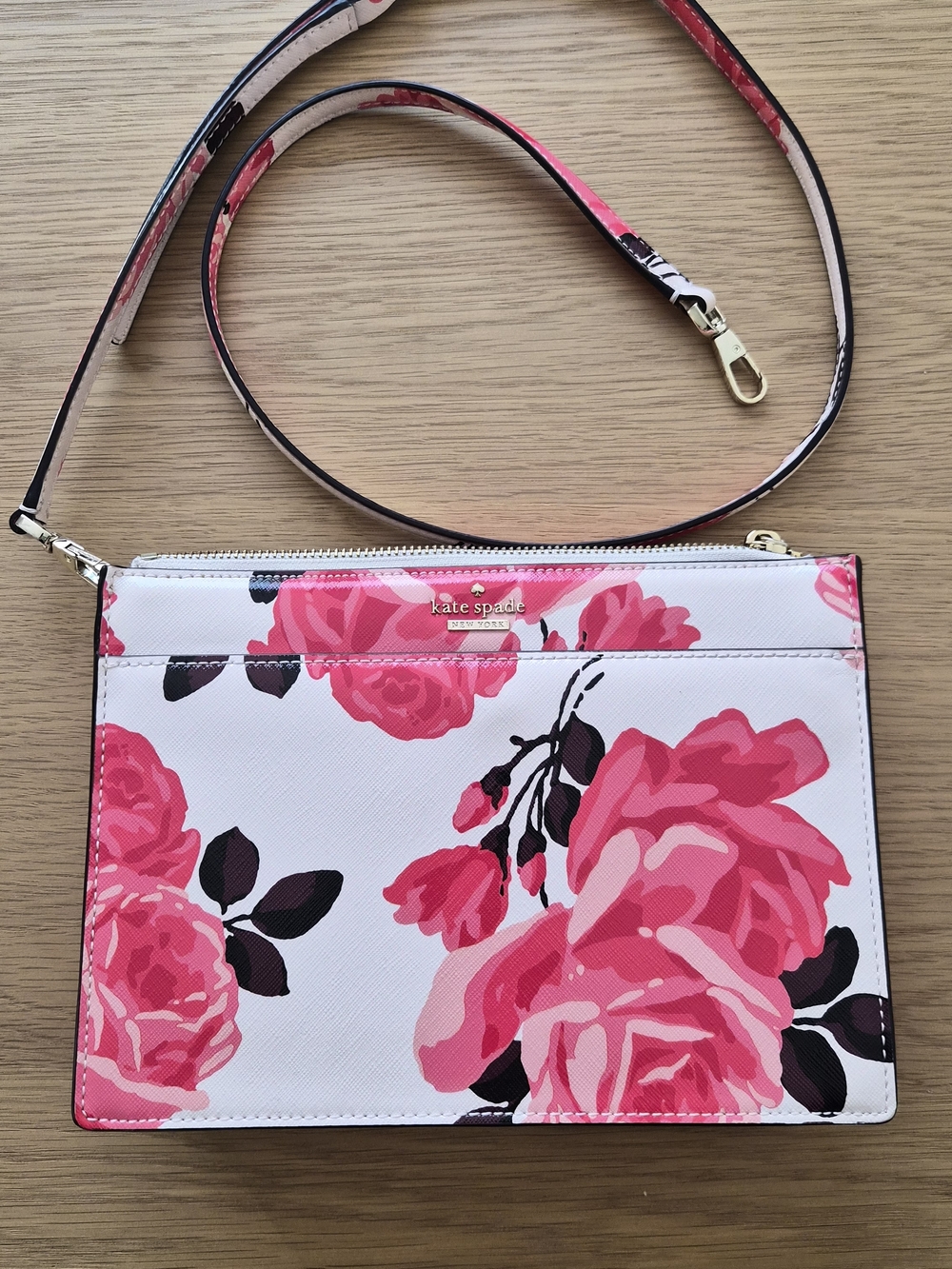 kate spade White Crossbody with Pink Floral Print and Black Accents